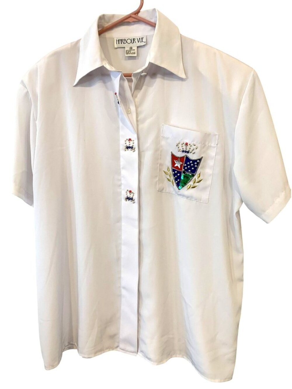 Vintage Harbour Vue 38 1X White Beaded Crest Button Shirt Preppy Classic 90s